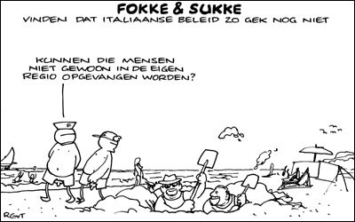 Cartoon van Fokke en Sukke die langs kuilgravende Duitschers lopen en zeggen 'Kunnen die niet in eigen regio opgevangen worden?'